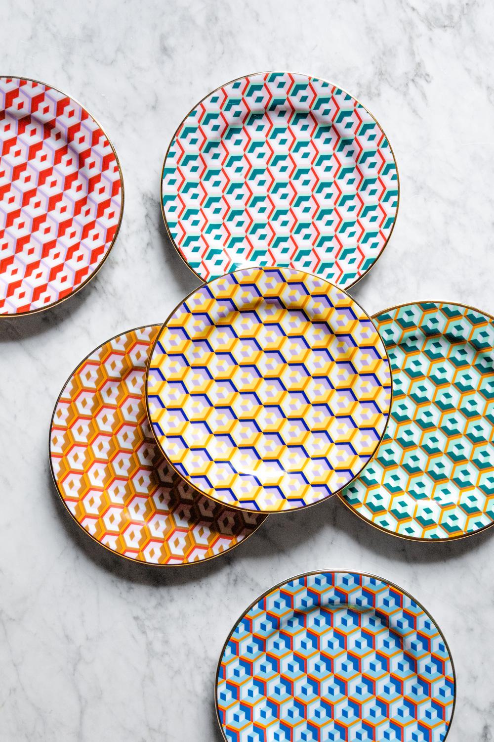 Dessert Plates Set of 6 Colorful Mix Cubi Print, 100% Porcelain by La DoubleJ 3