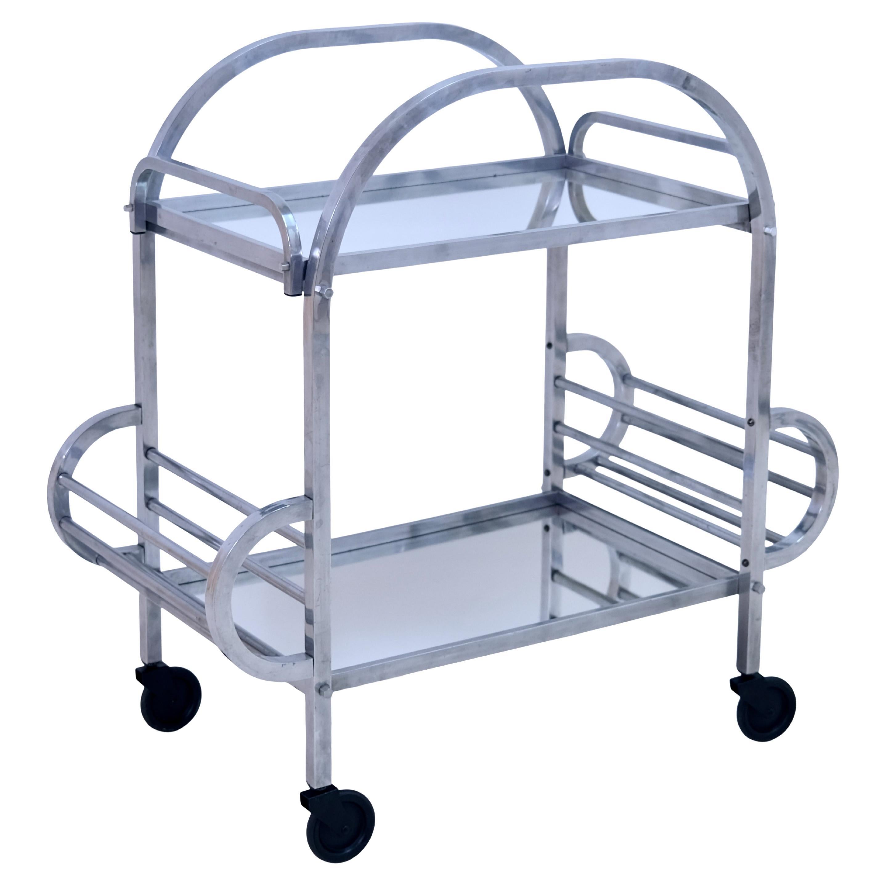 Dessert Roulante French Art Deco Bar Cart in Aluminium with Removable Tray