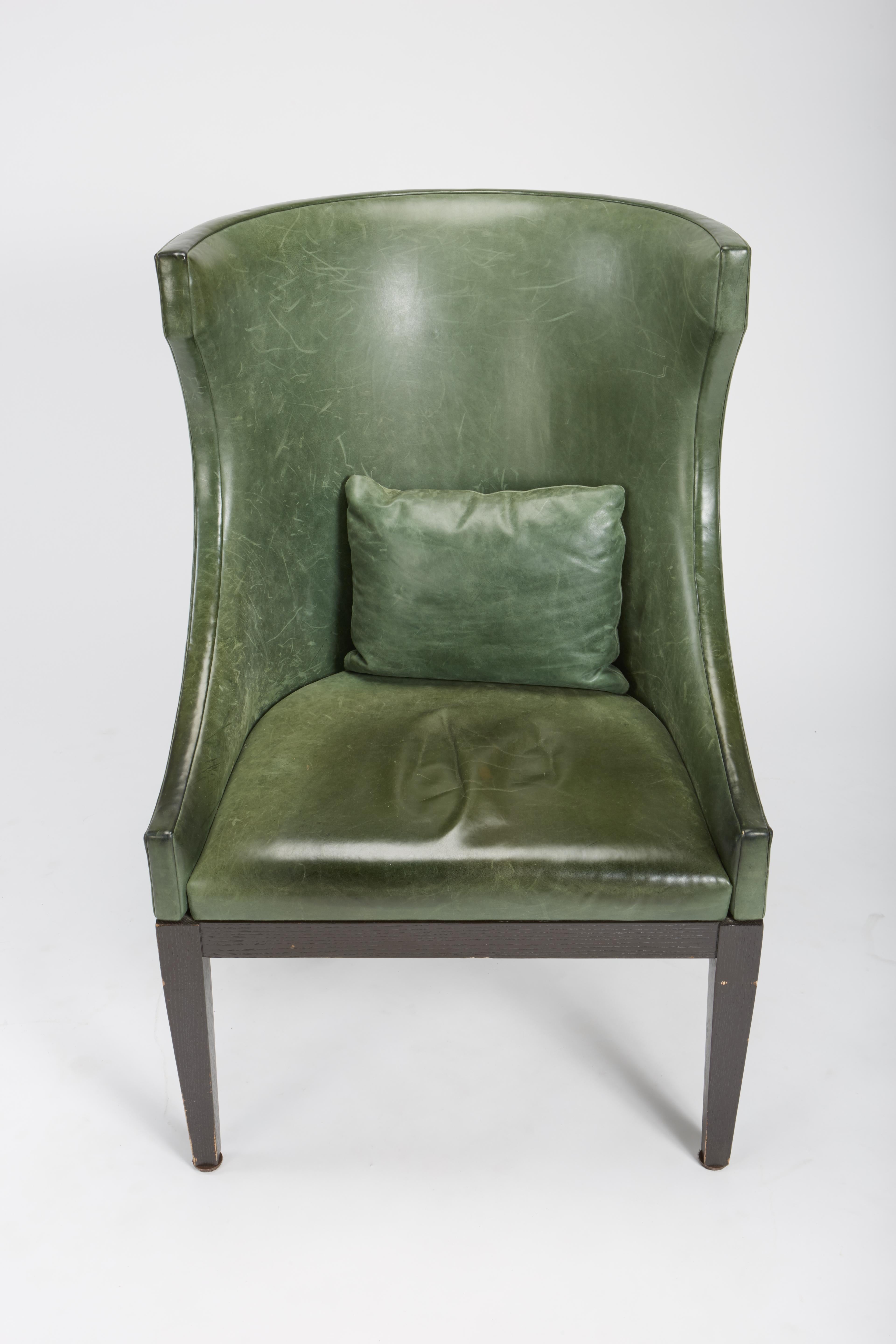 North American Dessin Fournir Classical Modern High Wingback with Green Leather Armchairs