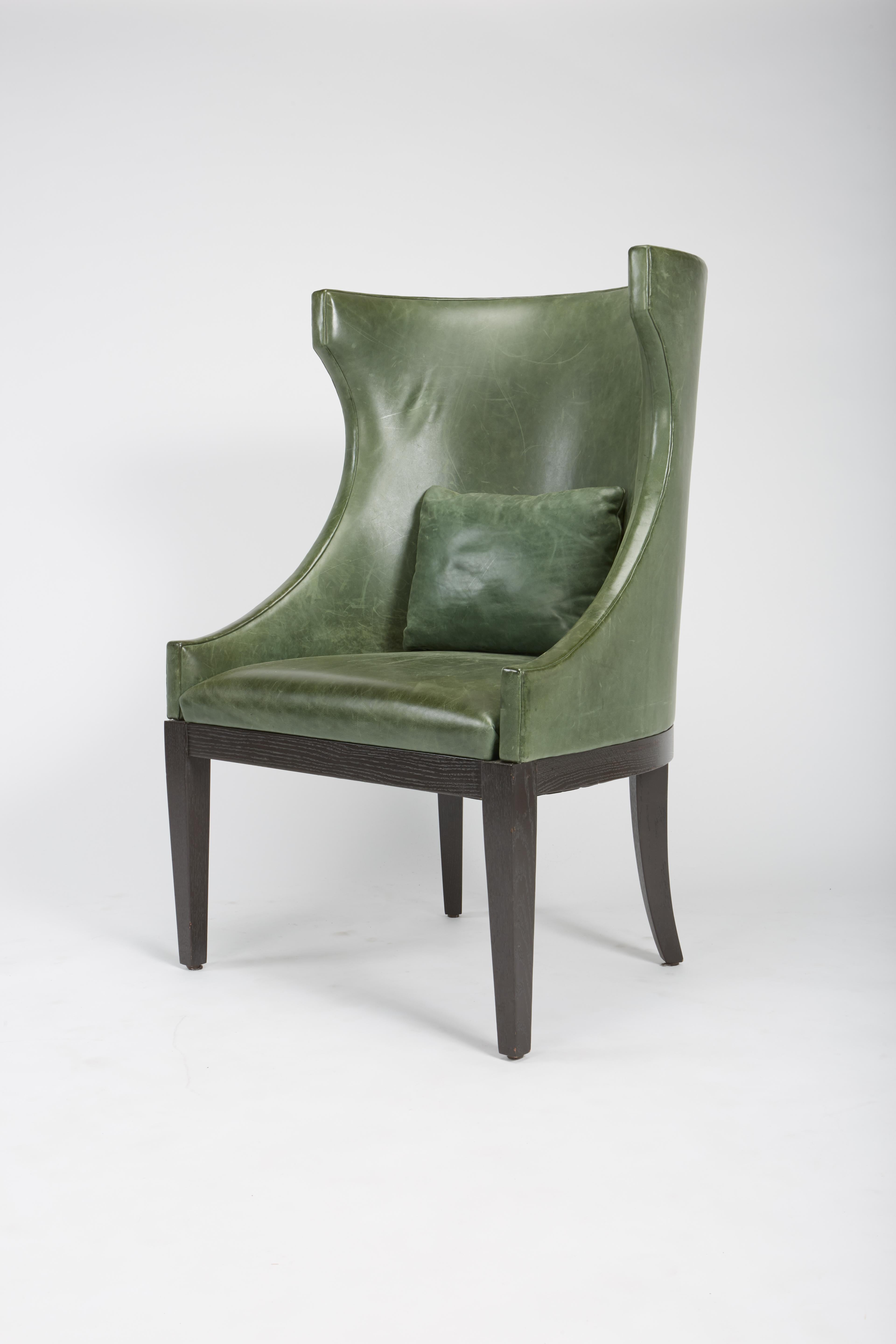 Dessin Fournir Classical Modern High Wingback with Green Leather Armchairs In Good Condition In St. Louis, MO