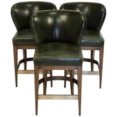 Dessin Fournir Green Leather Bar Stools, Set of Three