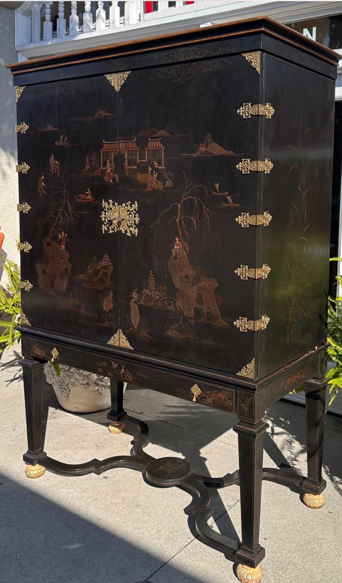 American Dessin Fournir Griswold Black Chinoiserie Linen Press Cabinet on Stand