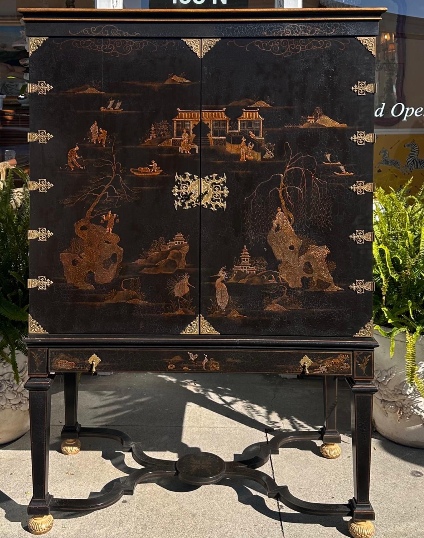 Dessin Fournir Griswold Black Chinoiserie Linen Press Cabinet on Stand In Good Condition In LOS ANGELES, CA