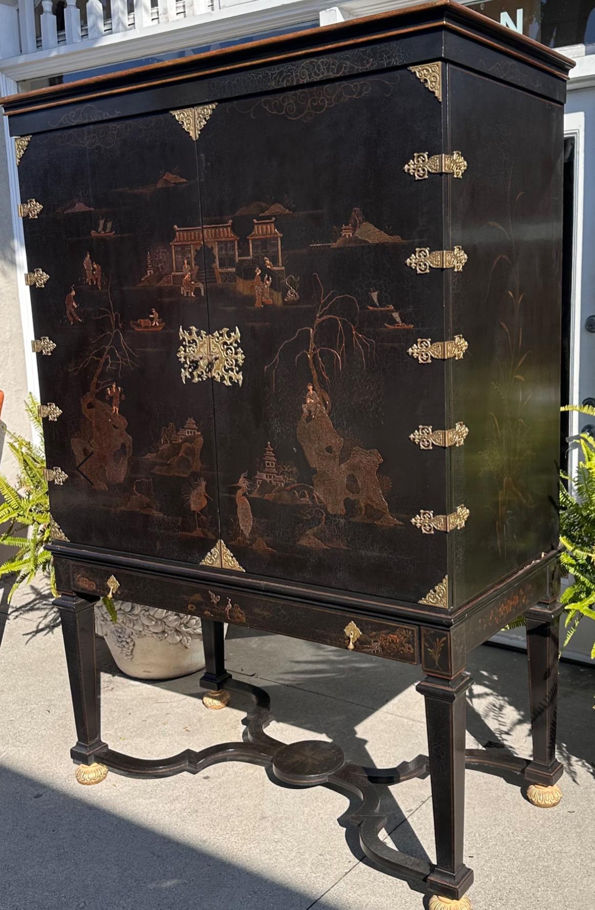 Late 20th Century Dessin Fournir Griswold Black Chinoiserie Linen Press Cabinet on Stand