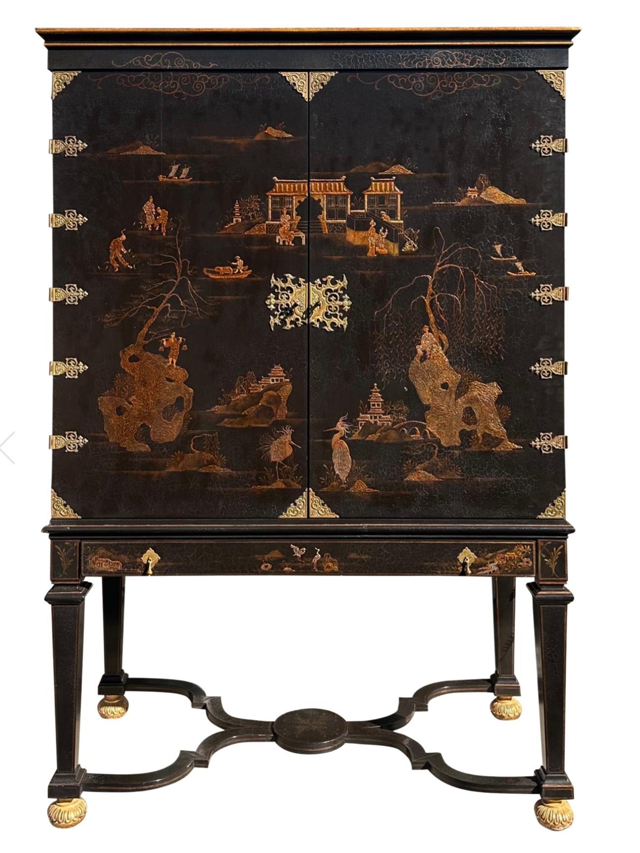Wood Dessin Fournir Griswold Black Chinoiserie Linen Press Cabinet on Stand