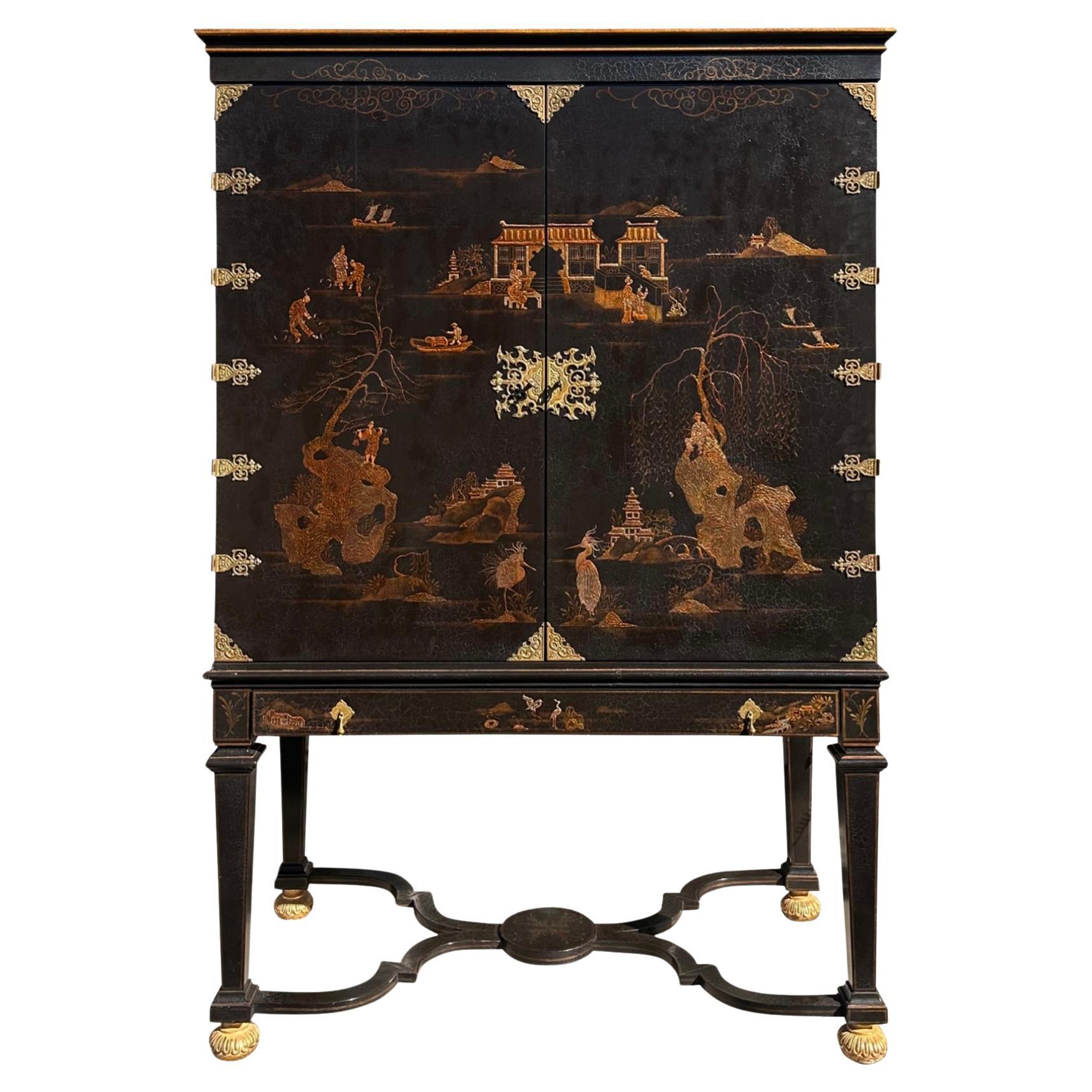 Dessin Fournir Griswold Black Chinoiserie Linen Press Cabinet on Stand