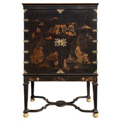 Vintage Dessin Fournir Griswold Black Chinoiserie Linen Press Cabinet on Stand