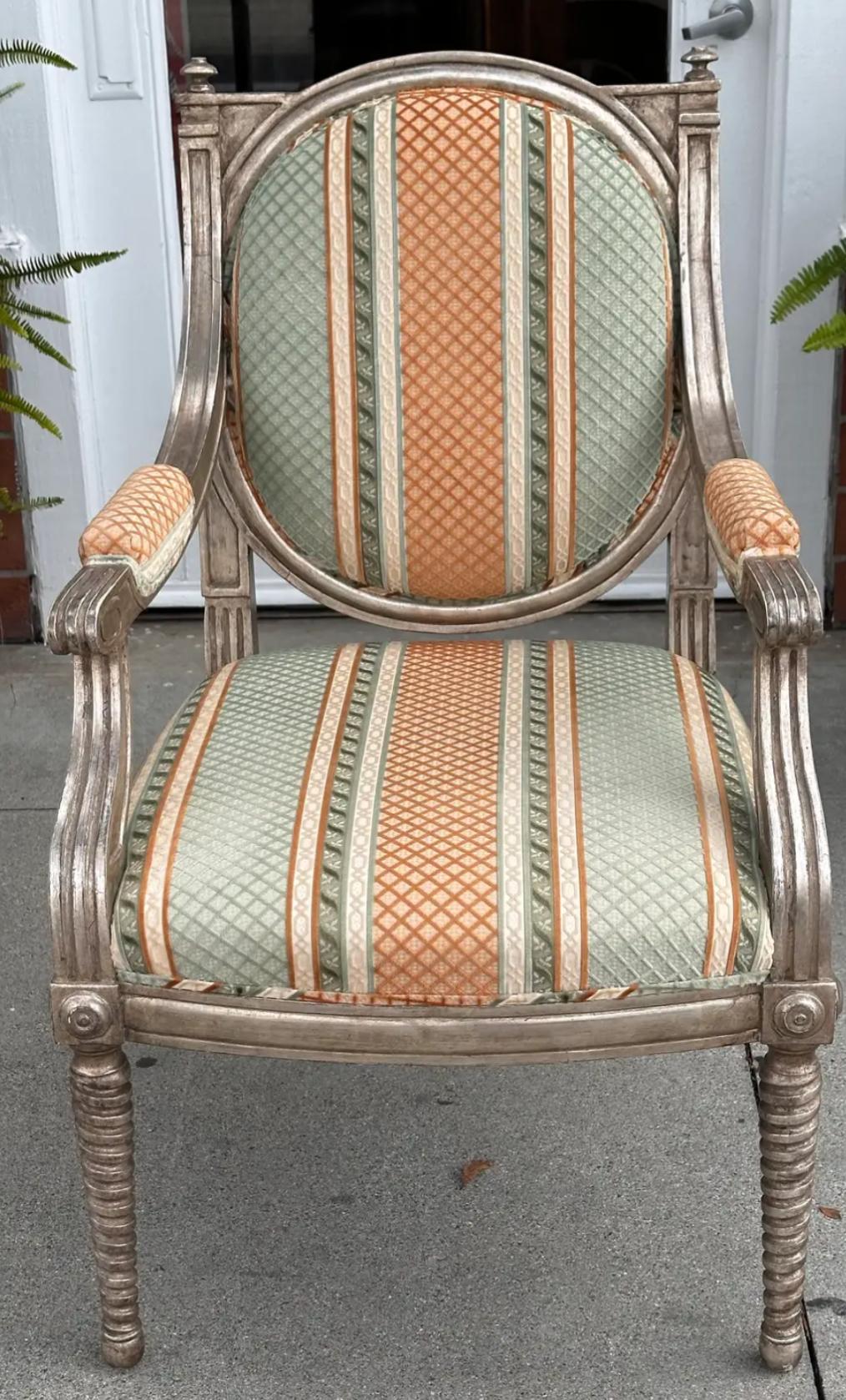 Regency Dessin Fournir Louis XVI Giltwood Arm Chair W Cut Velvet For Sale