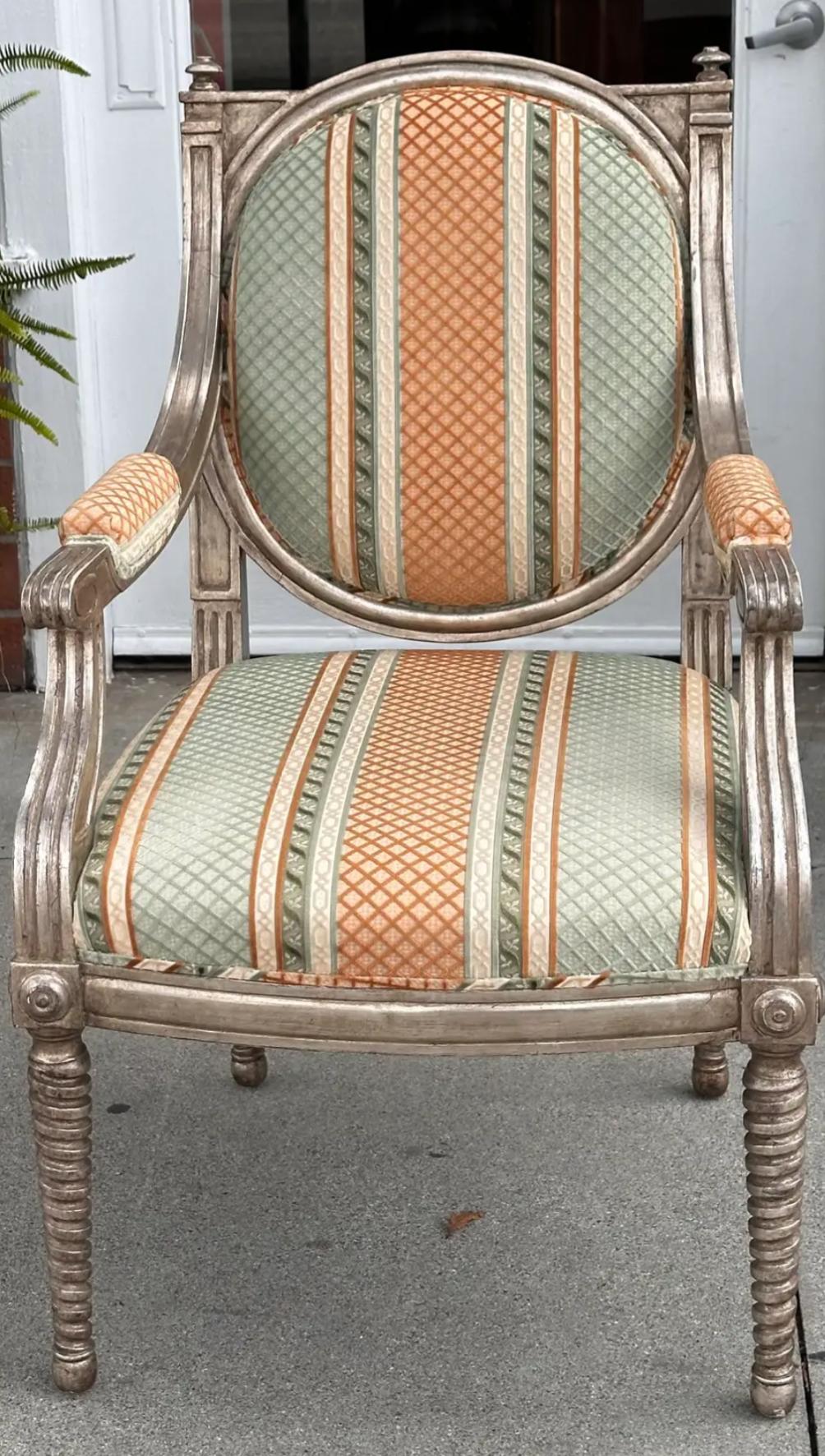 American Dessin Fournir Louis XVI Giltwood Arm Chair W Cut Velvet For Sale