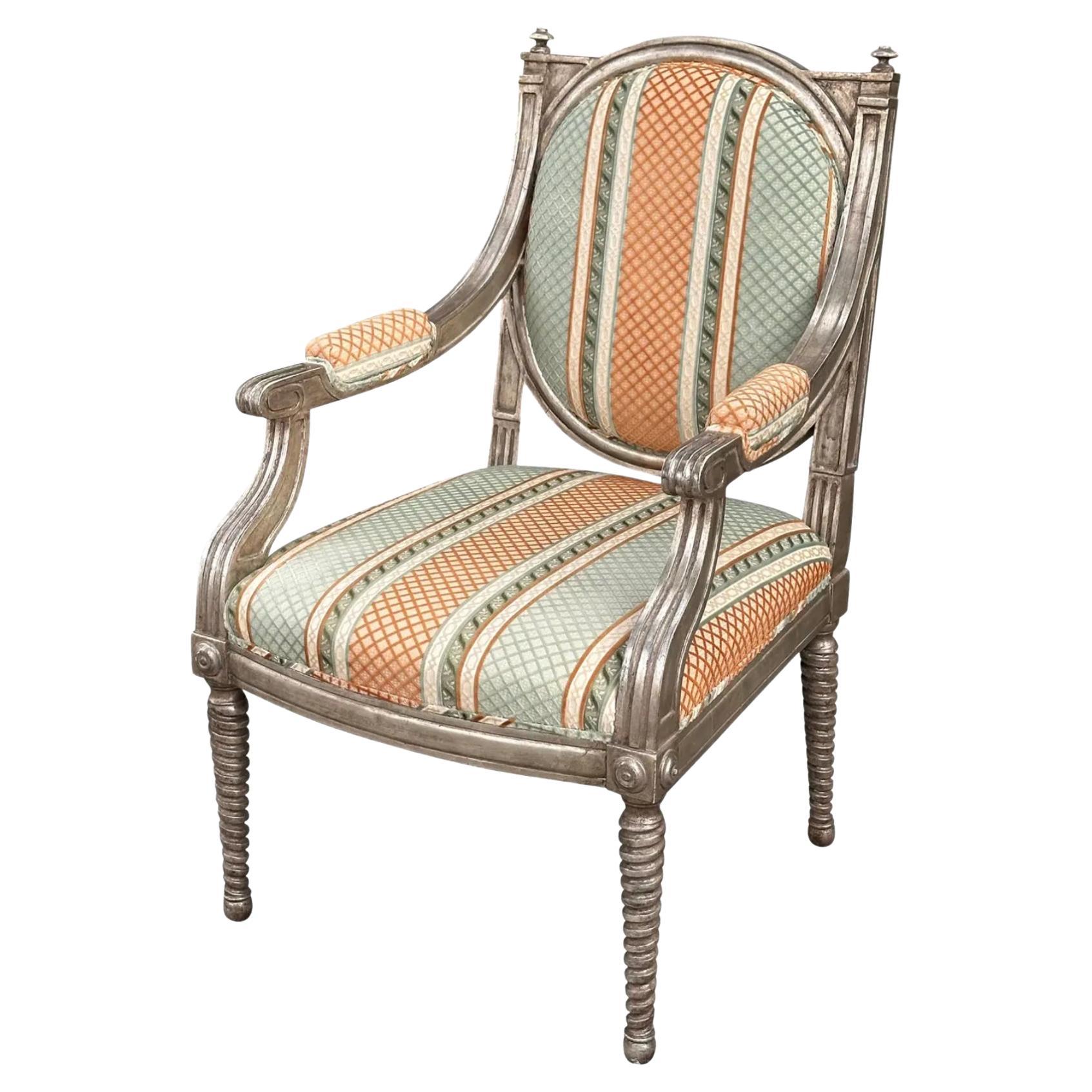 Dessin Fournir Louis XVI Giltwood Arm Chair W Cut Velvet For Sale