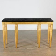 Dessin Fournir Rene Console, Black Lacquered Top Over 8 Gold Leafed Carved Legs