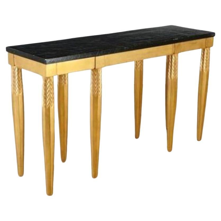 Dessin Fournir Rene Console, Black Lacquered Top Over 8 Gold Leafed Carved Legs