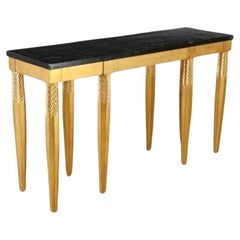 Antique Dessin Fournir Rene Console, Black Lacquered Top Over 8 Gold Leafed Carved Legs