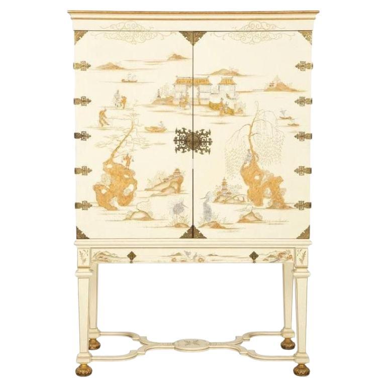 Dessin Fournir White Lacquer Griswold Cabinet with Asian Detail For Sale