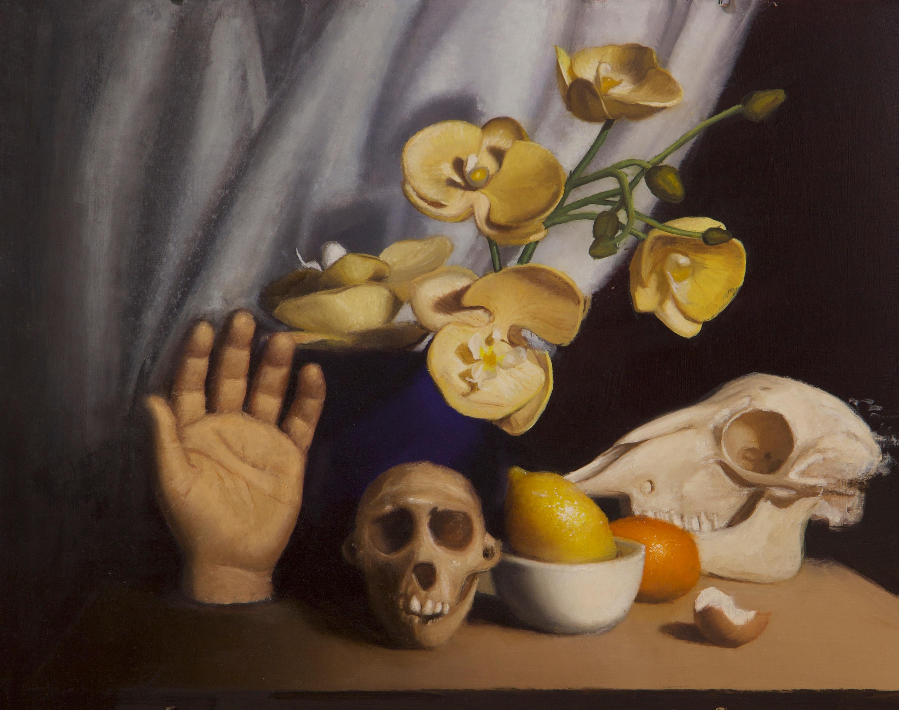 "Sweet & Sour, Bone & Flesh" (2023) by Destiny Bowman is an original, handmade oil painting on wood panel that depicts a still-life featuring animal skulls, plants, fruit, and a disembodied humna hand.

About the artist: 
The artwork of emerging