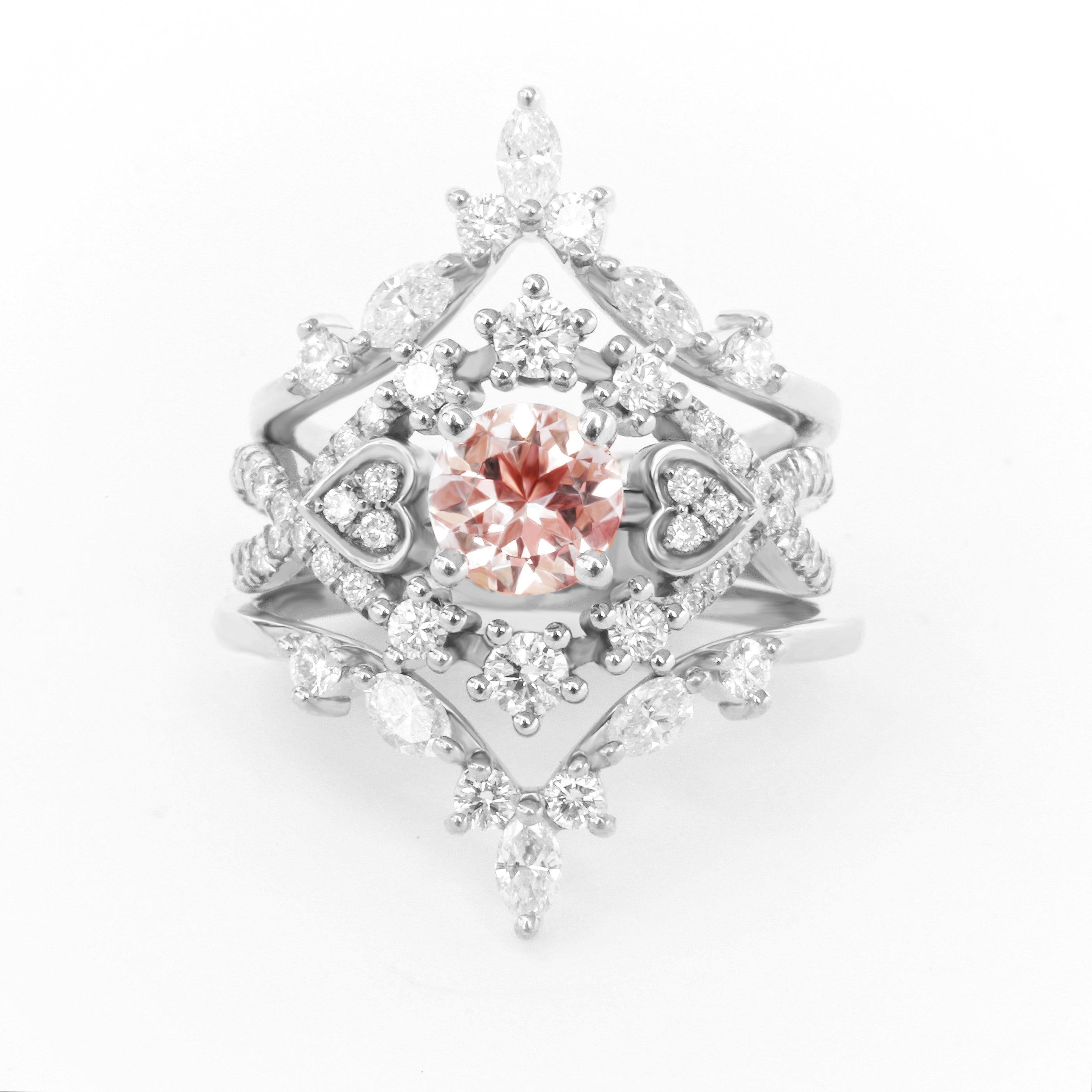 Round Cut Destiny & Hermes - Morganite & Diamond Halo Unique Engagement Ring Set For Sale