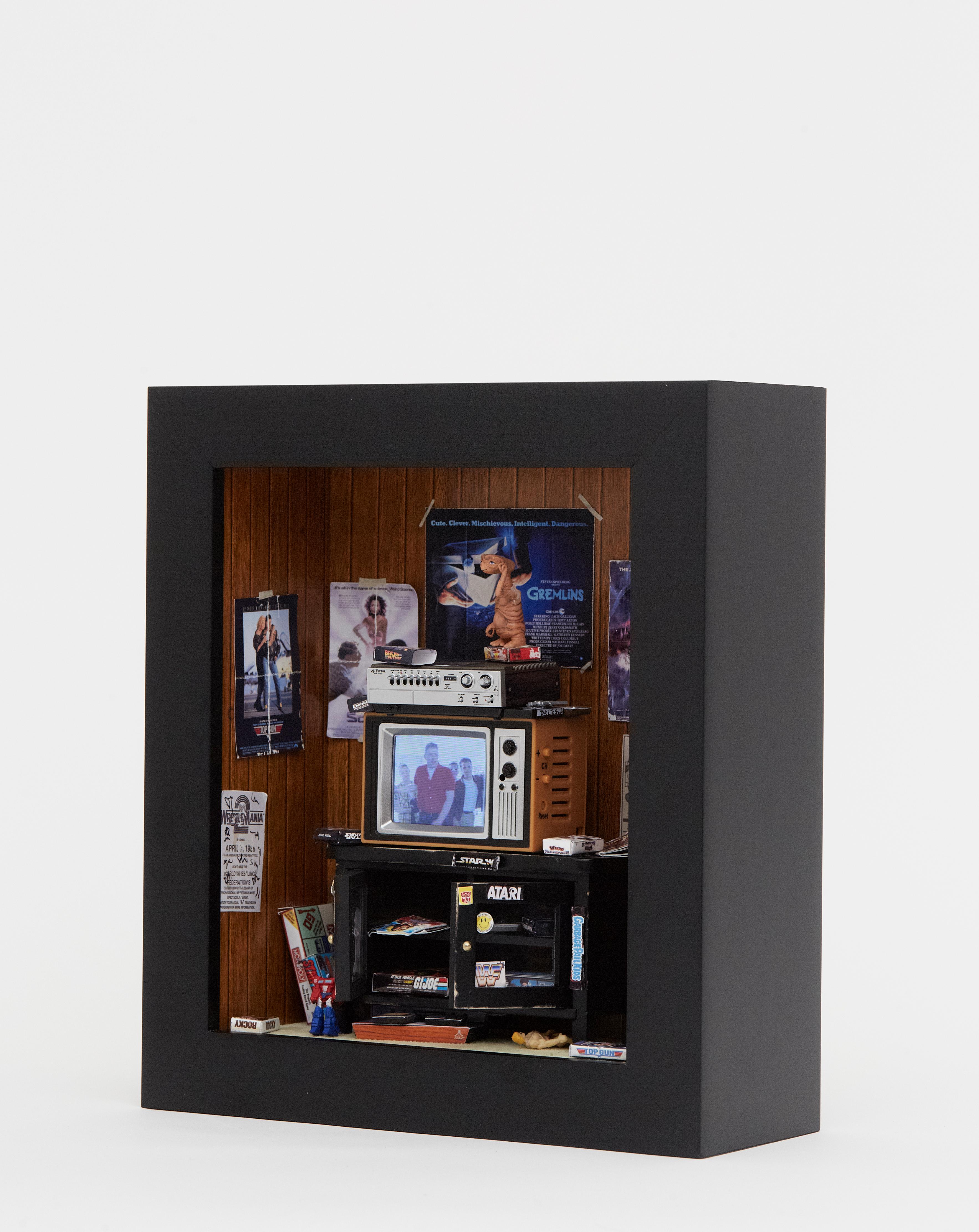 MINIATURE GEN X ROOM DIORAMA BOX -80'S BEDROOM w WORKING T.V. Pop Art - ATARI 4
