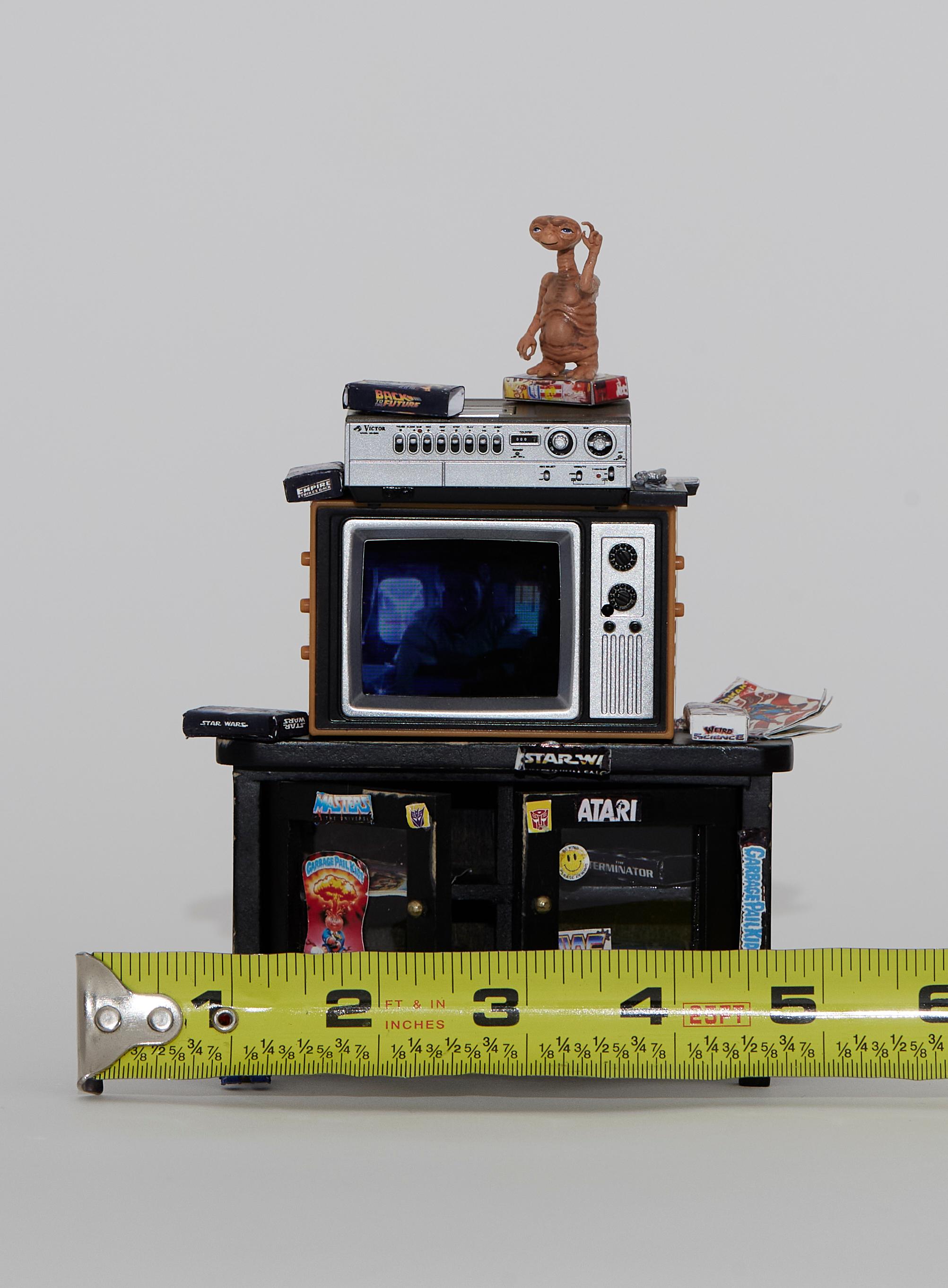 MINIATURE GEN X ROOM DIORAMA BOX -80'S BEDROOM w WORKING T.V. Pop Art - ATARI 7