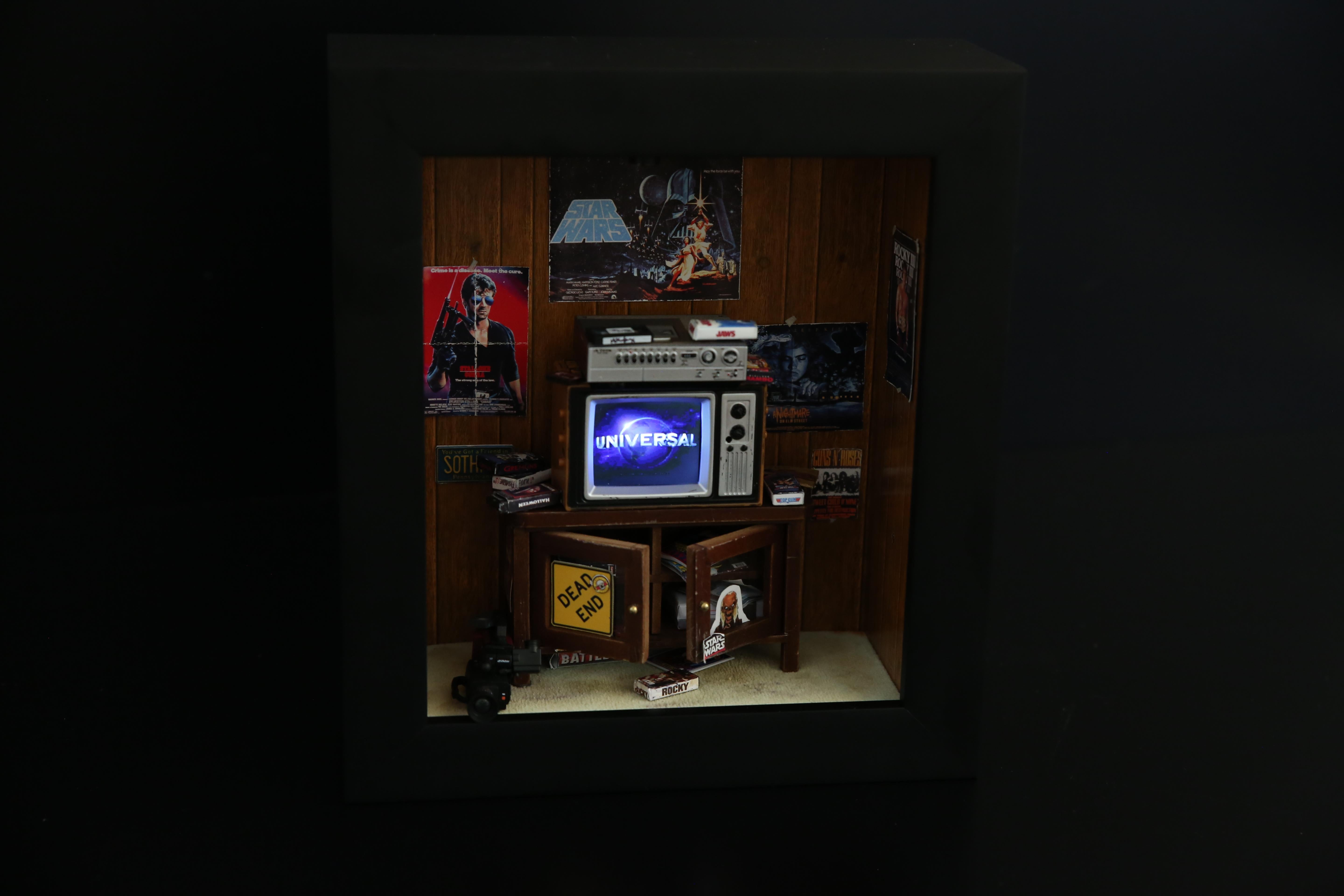 MINIATURE GEN X ROOM DIORAMA BOX  Pop Art 80'S BEDROOM w WORKING T.V. NINTENDO  For Sale 11
