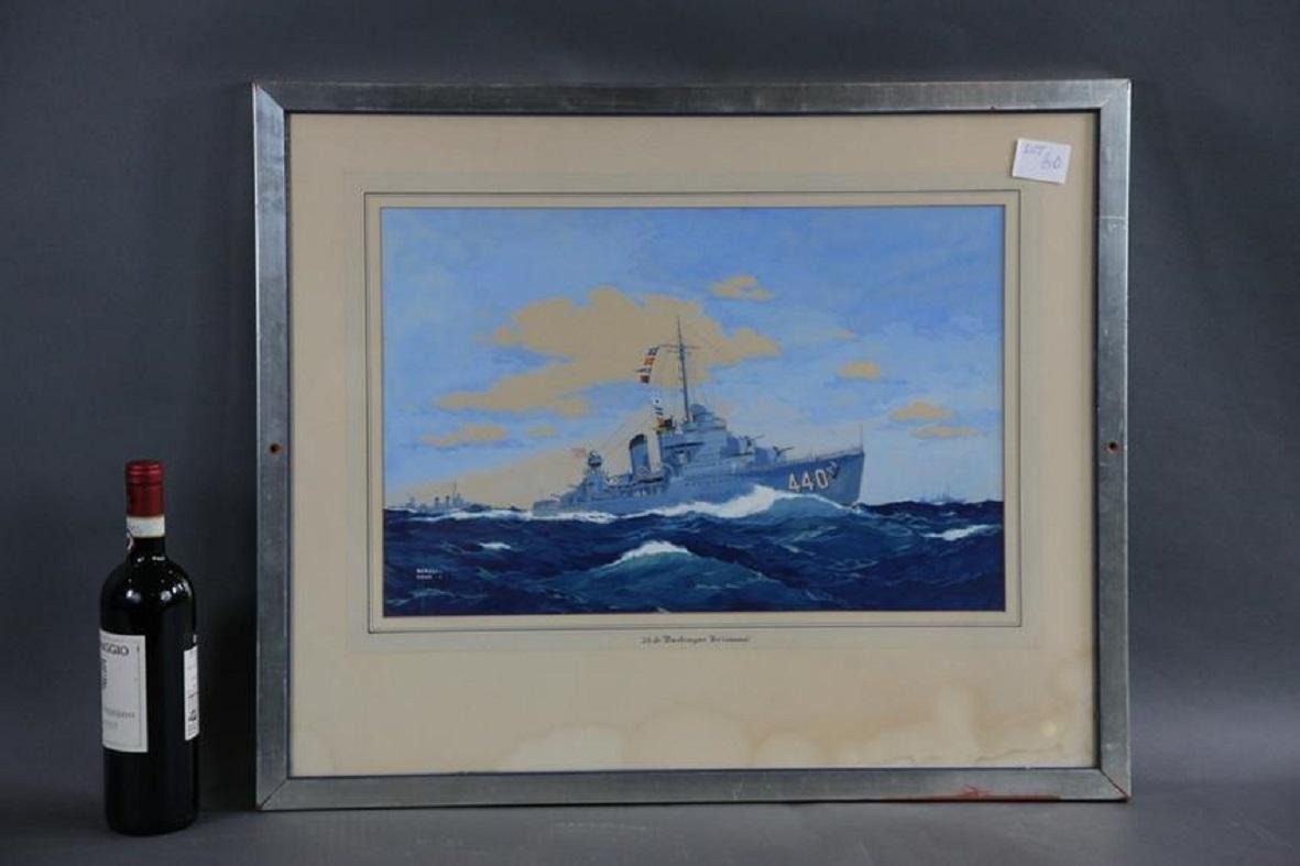 Gouache of the United States Naval destroyer ERICSSON. Vessel is seen cutting through waves at speed with pennants flying. Bright and colorful. Stained matted.