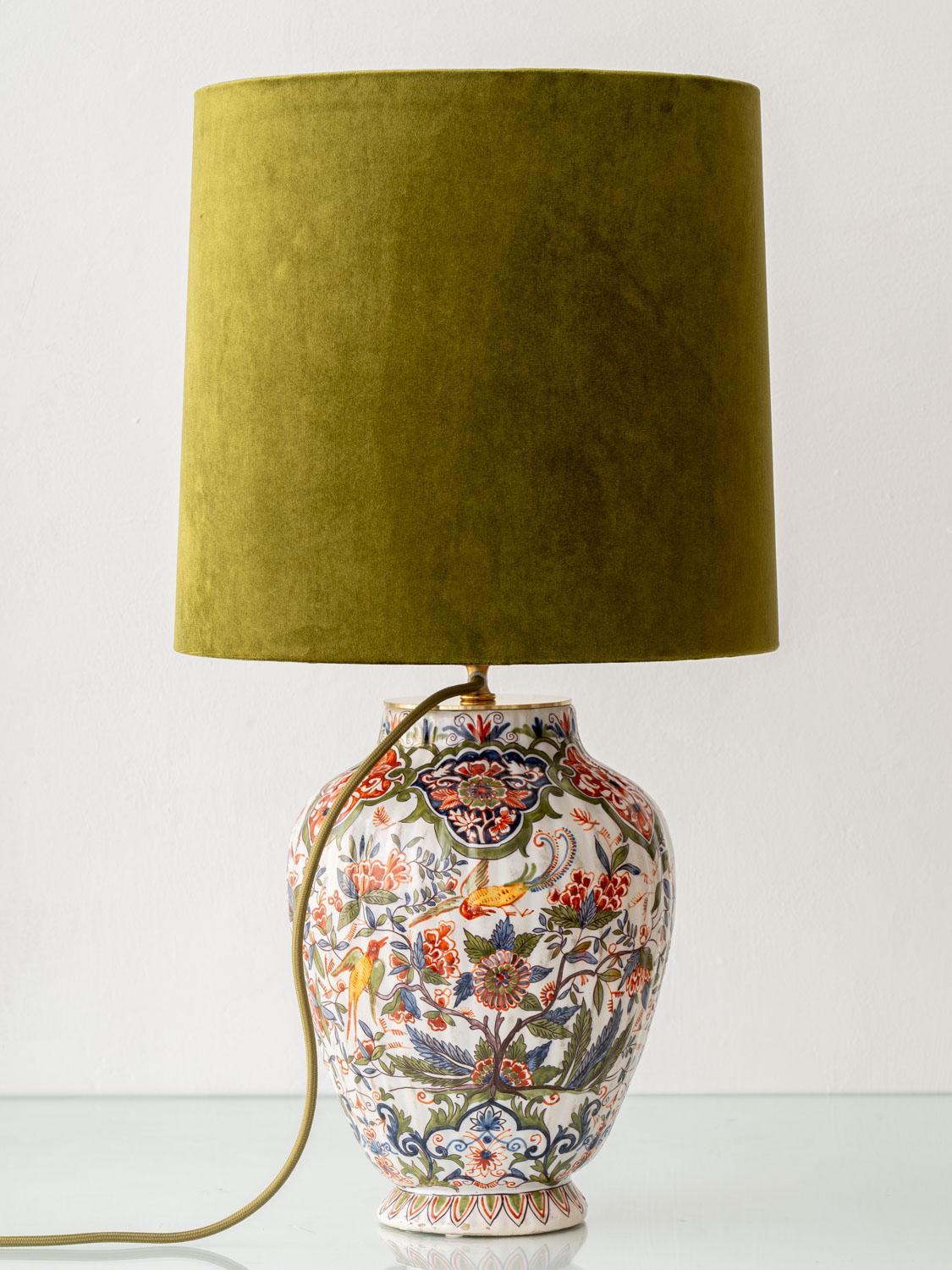 Desvres Delft Table Lamp by Géo Martel (1900-1920) with New Green Velvet Shade For Sale 7