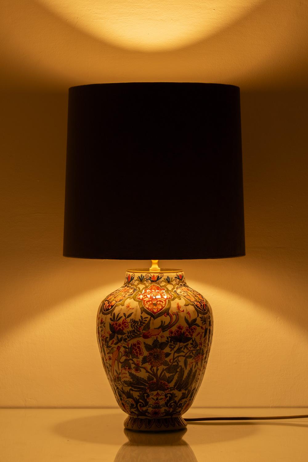Desvres Delft Table Lamp by Géo Martel (1900-1920) with New Green Velvet Shade For Sale 9