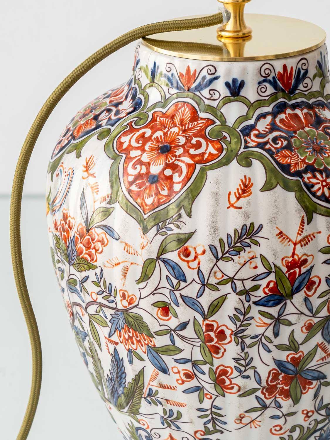 Hand-Crafted Desvres Delft Table Lamp by Géo Martel (1900-1920) with New Green Velvet Shade For Sale