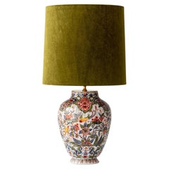 Desvres Delft Table Lamp by Géo Martel (1900-1920) with New Green Velvet Shade