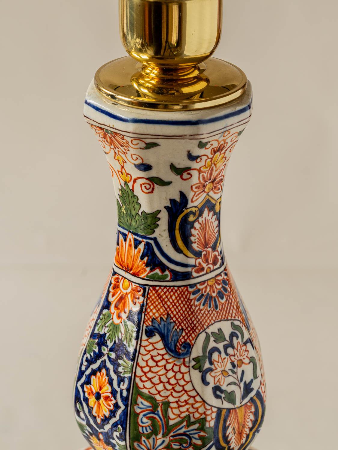 Desvres Faience Delft Table Lamp (1900-1920), New Velvet Slate-Blue Lampshade For Sale 2