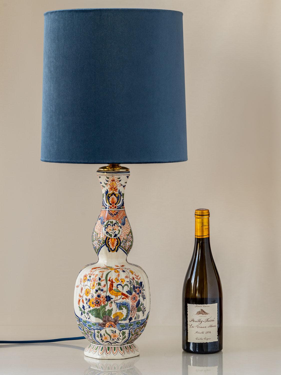 Chinoiserie Desvres Faience Delft Table Lamp (1900-1920), New Velvet Slate-Blue Lampshade For Sale