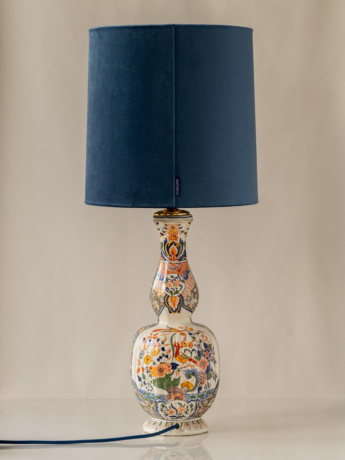 20th Century Desvres Faience Delft Table Lamp (1900-1920), New Velvet Slate-Blue Lampshade For Sale