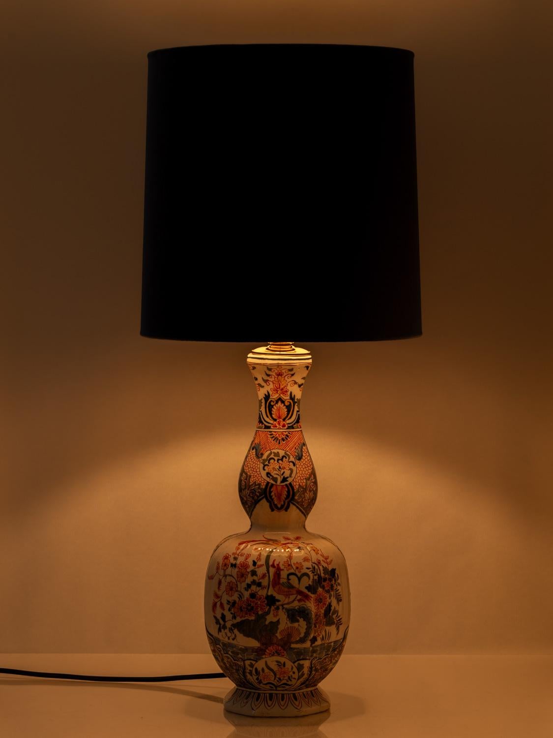 Brass Desvres Faience Delft Table Lamp (1900-1920), New Velvet Slate-Blue Lampshade For Sale