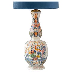 French Faience Table Lamp, Delft-Style Ceramic with Birds & Flowers Motif, 1900