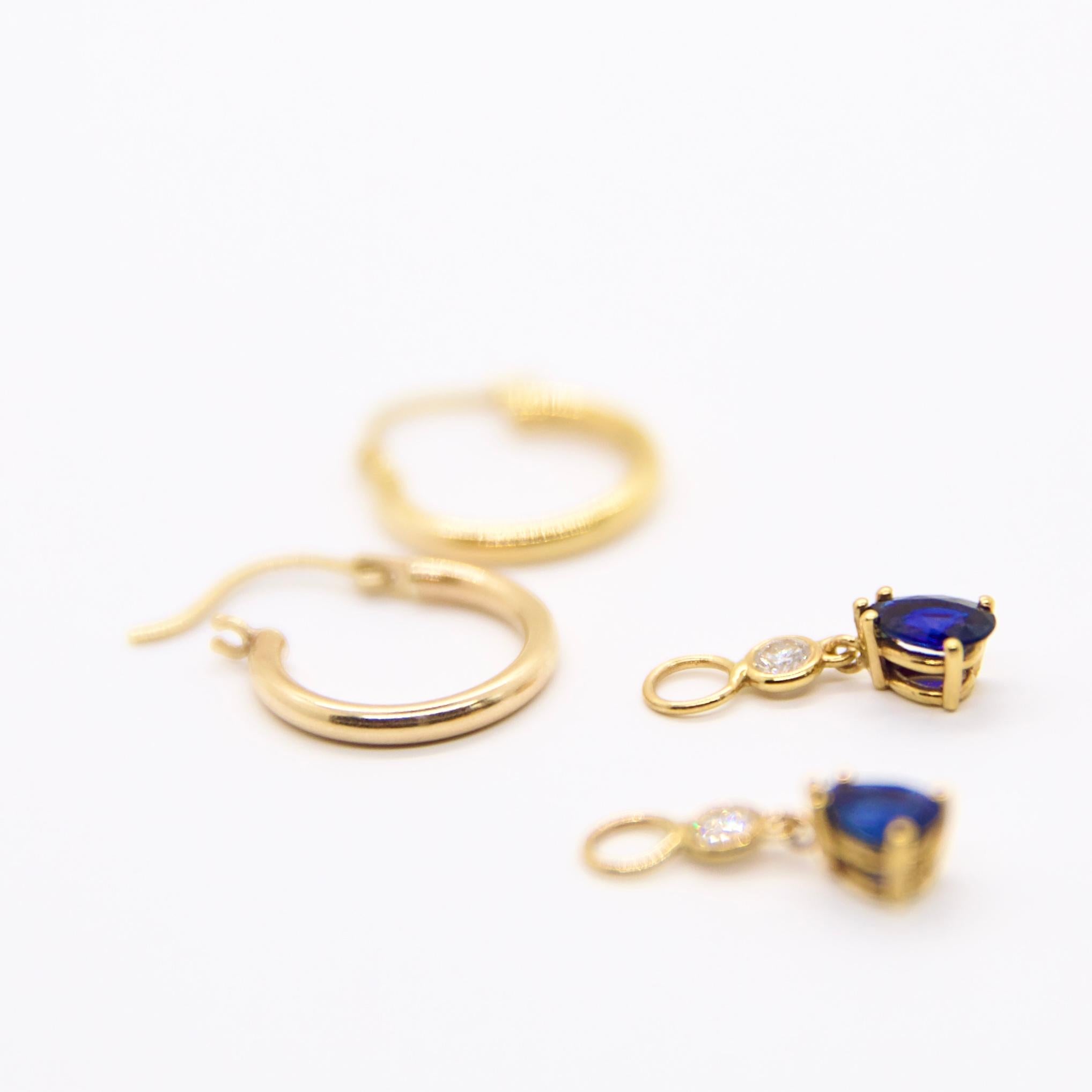 - Pair of  pear shaped sapphire (6x4mm) 0.60ct each, 1.20 Carat total weight.

- Round GHSI1 quality brilliant cut diamond set in a bezel: 0.05ct each (total weight: 0.10ct)

- Length: 1/2 inch 

- Handcrafted in a 14k yellow gold

- Detachable 

-