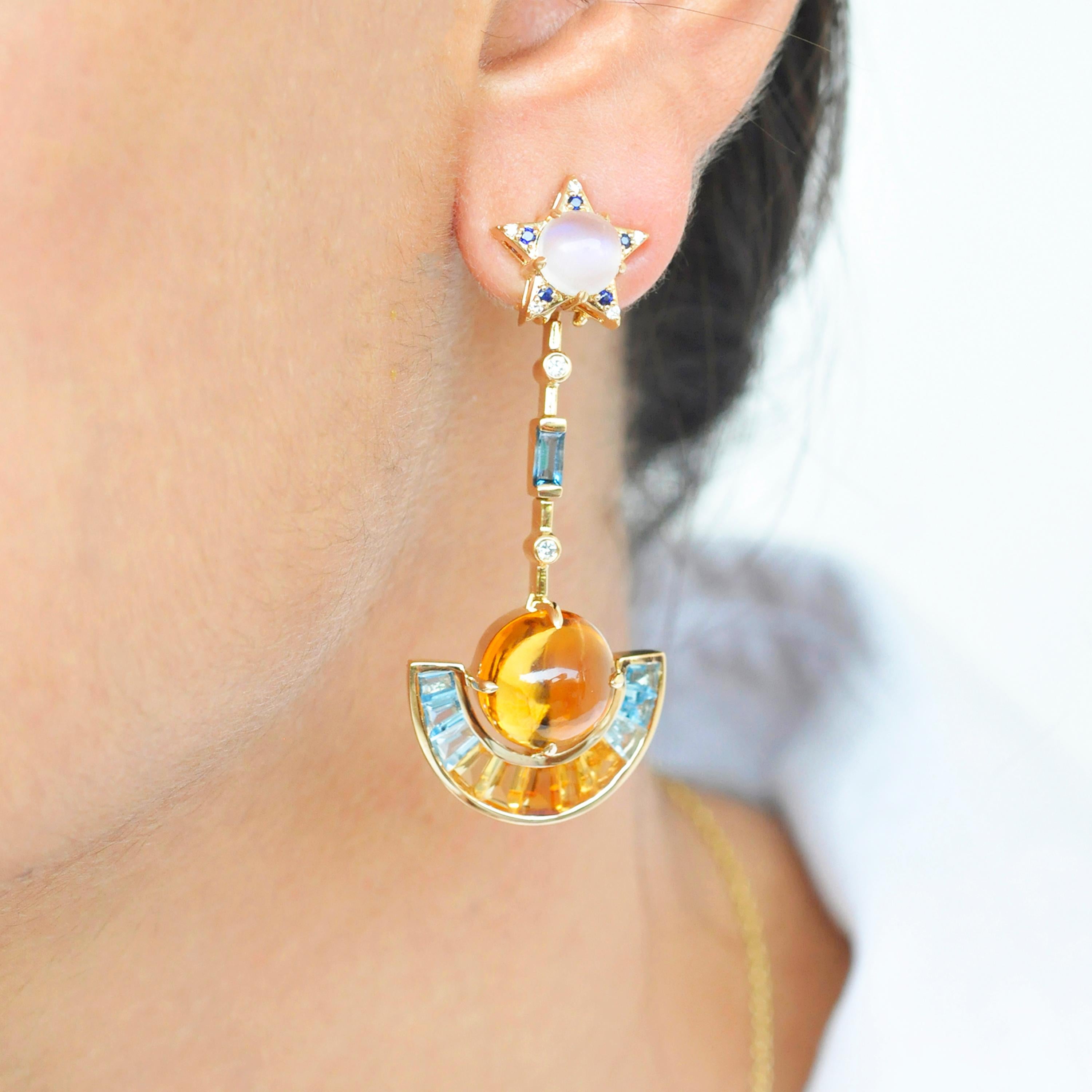 Detachable 18 Karat Gold Citrine Topaz Moonstone Blue Sapphire Diamond Earrings For Sale 8