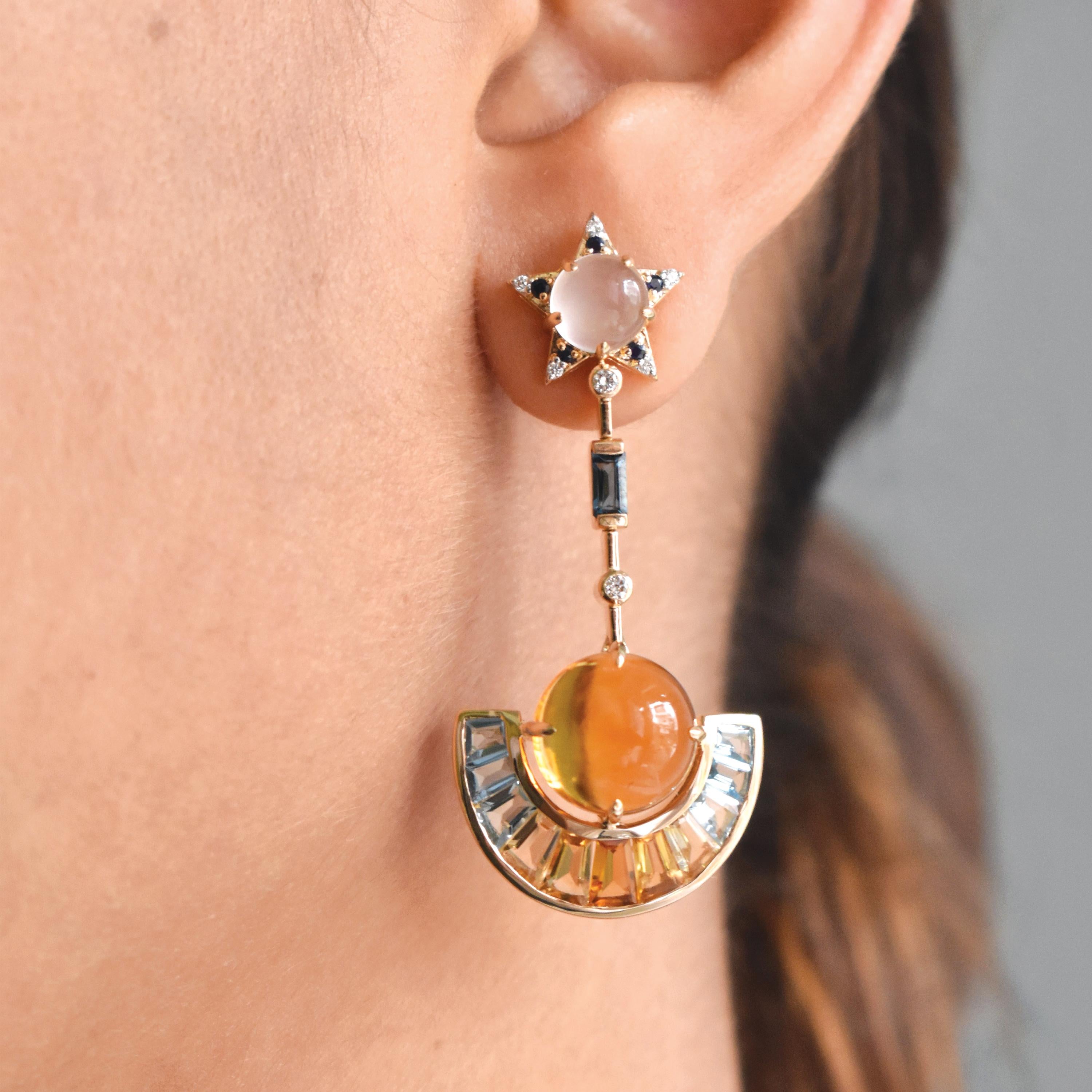 Abnehmbare Ohrringe aus 18 Karat Gold mit Citrin, blauem Topas, Mondstein, blauem Saphir und Diamanten. Dieses Meisterwerk ist wahrlich inspiriert von der schönen Zeit, wenn die Sonne untergeht, der Tag anbricht und der Mond leuchtet. Diese