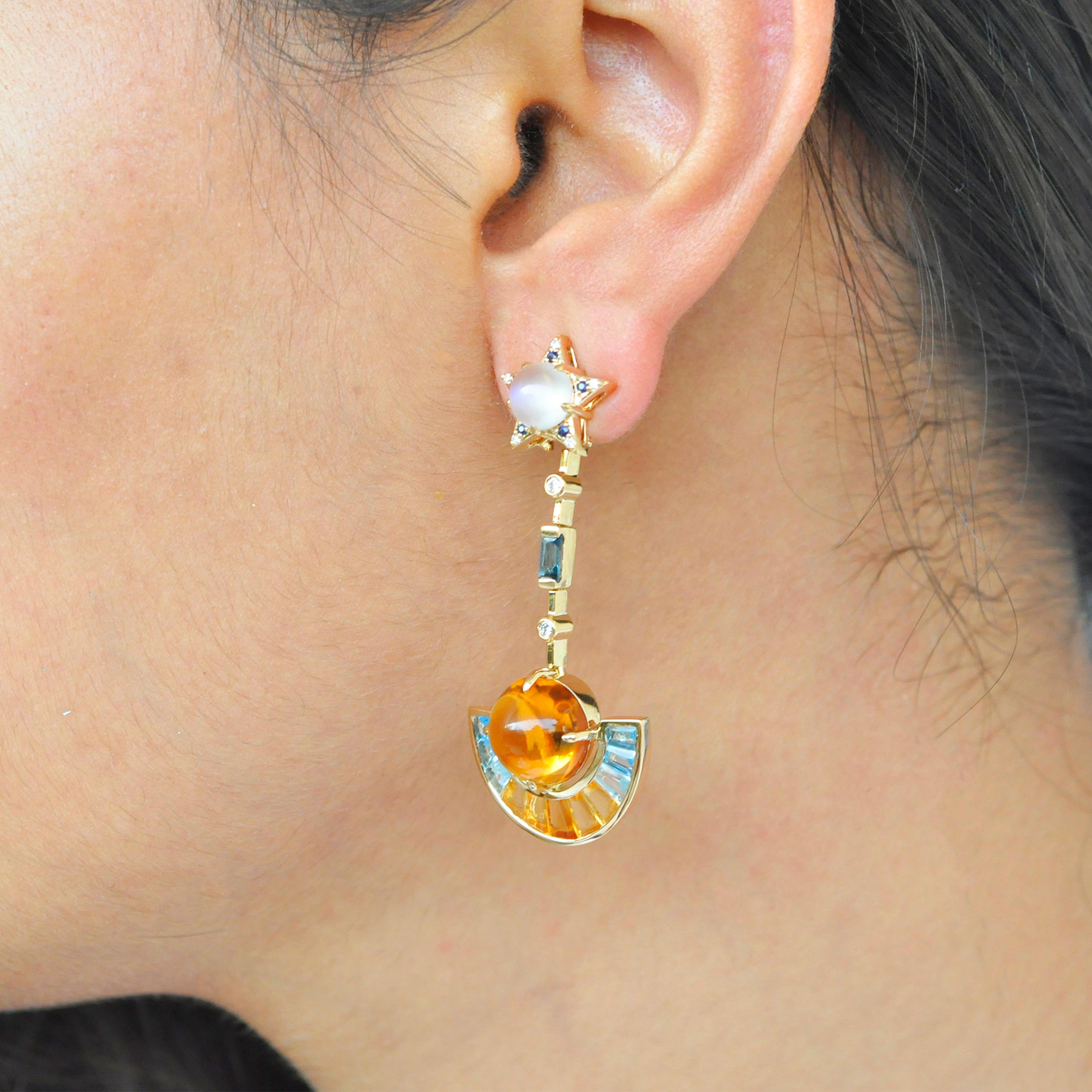 Contemporary Detachable 18 Karat Gold Citrine Topaz Moonstone Blue Sapphire Diamond Earrings For Sale