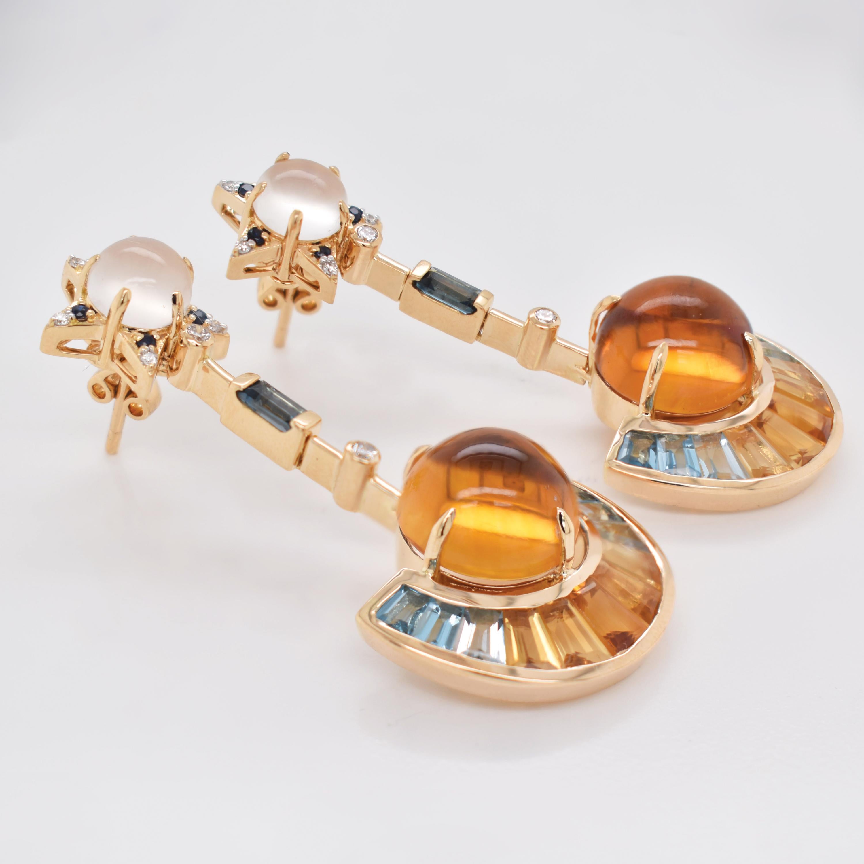 Abnehmbare Ohrringe aus 18 Karat Gold Citrin Topas Mondstein Blauer Saphir Diamant (Zeitgenössisch) im Angebot