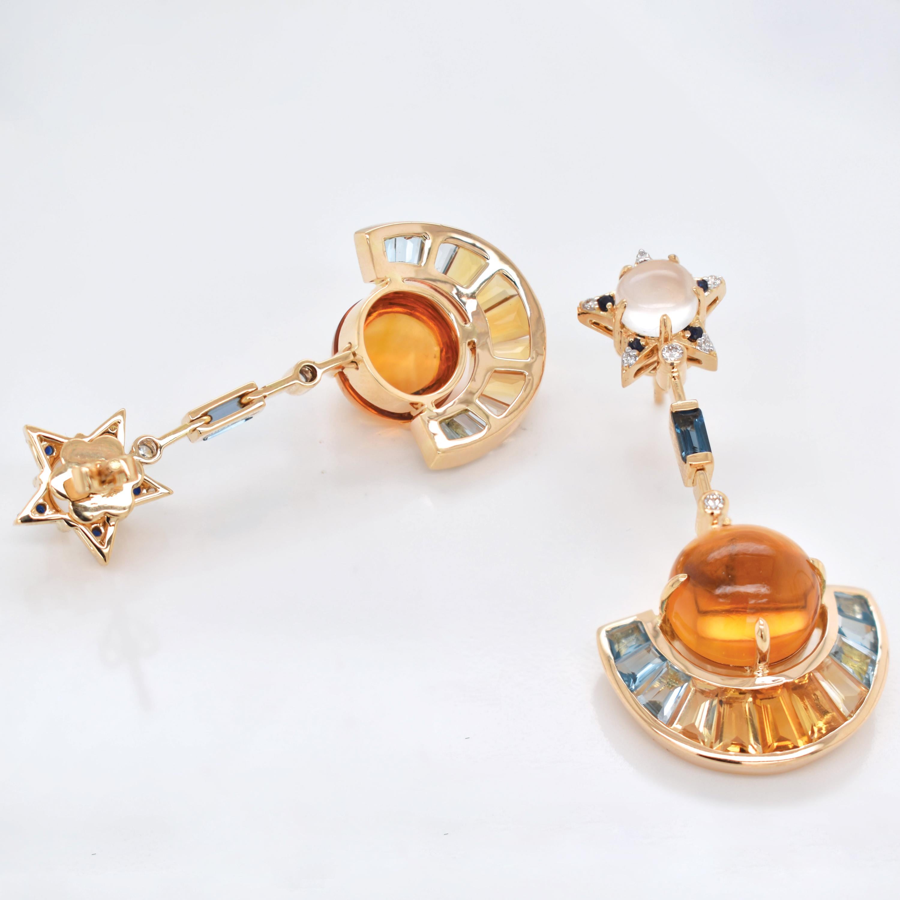 Abnehmbare Ohrringe aus 18 Karat Gold Citrin Topas Mondstein Blauer Saphir Diamant im Zustand „Neu“ im Angebot in Jaipur, Rajasthan