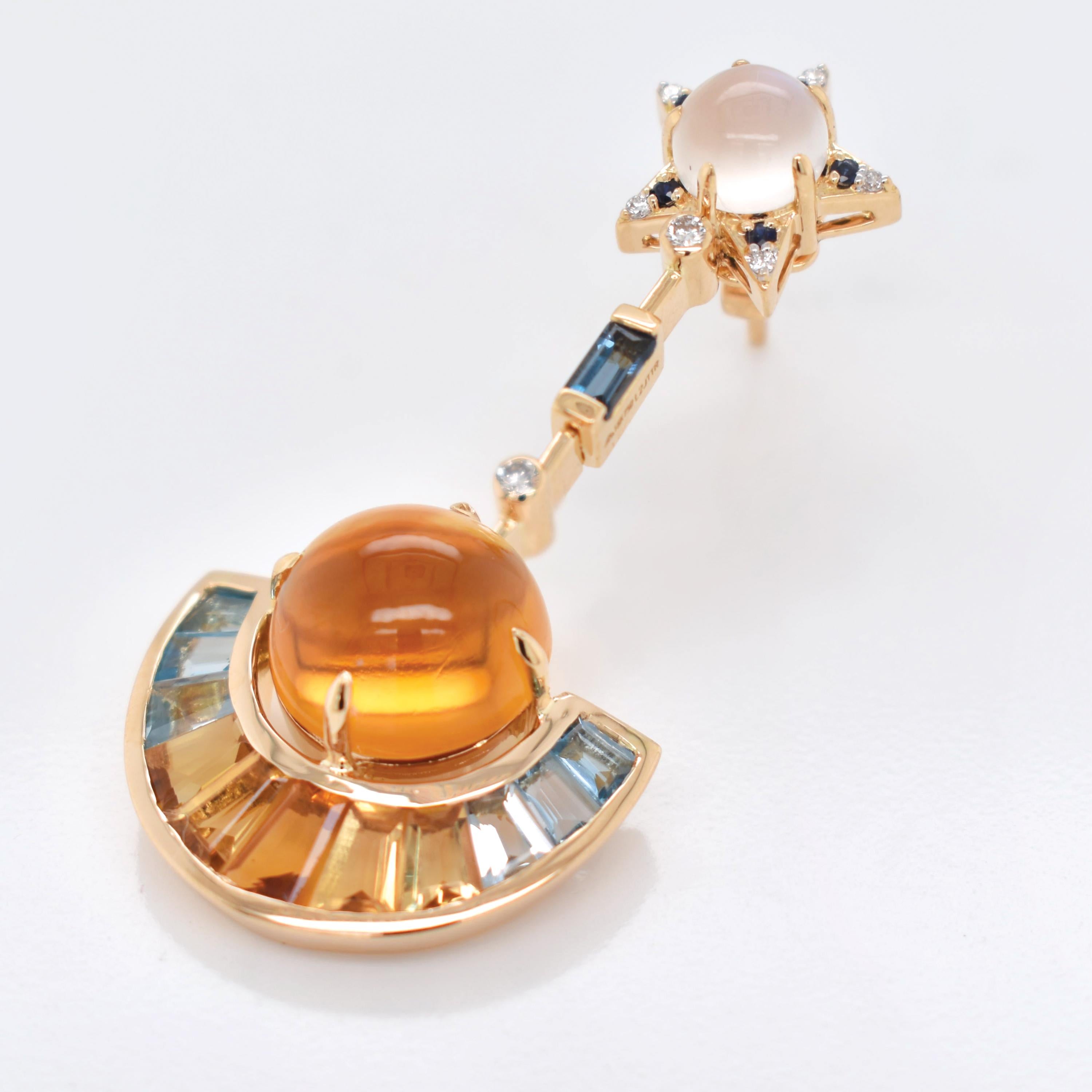 Abnehmbare Ohrringe aus 18 Karat Gold Citrin Topas Mondstein Blauer Saphir Diamant Damen im Angebot