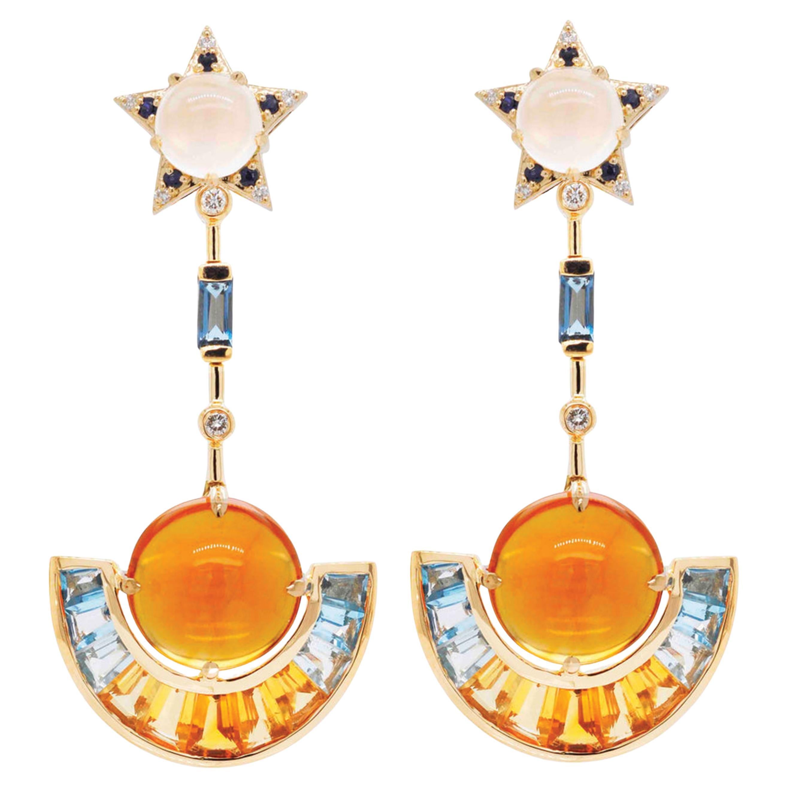Abnehmbare Ohrringe aus 18 Karat Gold Citrin Topas Mondstein Blauer Saphir Diamant im Angebot