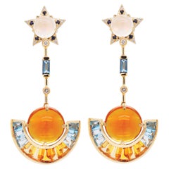 18 Karat Gold Citrine Topaz Moonstone Blue Sapphire Diamond Twilight Earrings
