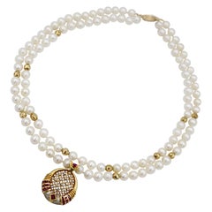 Detachable 18K Gold Ruby Diamond Perforated Pendant and 2-Strand Pearl Necklace