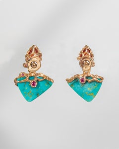 Detachable 18K Rose Gold Turquoise Orange Sapphire Ruby and Diamond Earrings