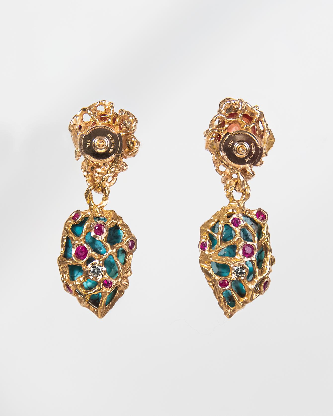 Abnehmbare Ohrringe aus 18 Karat Roségold mit Türkis, Orange, Saphir, Rubin und Diamant (Zeitgenössisch) im Angebot