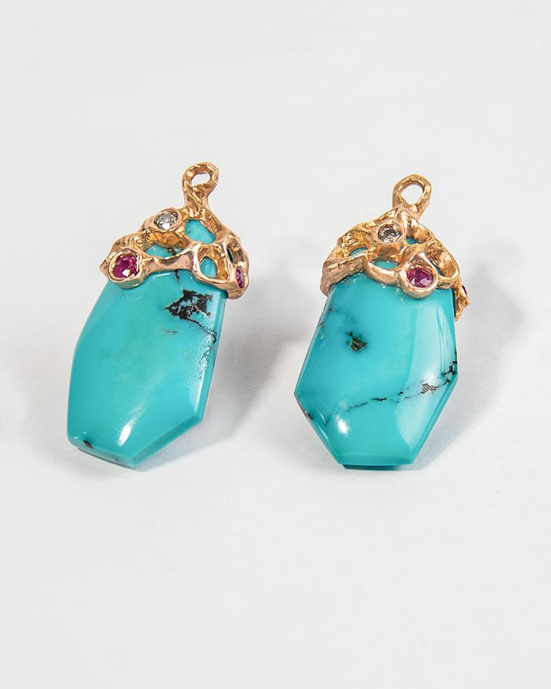 Contemporary Detachable 18K Rose Gold Turquoise Orange Sapphire Ruby and Diamond Earrings For Sale