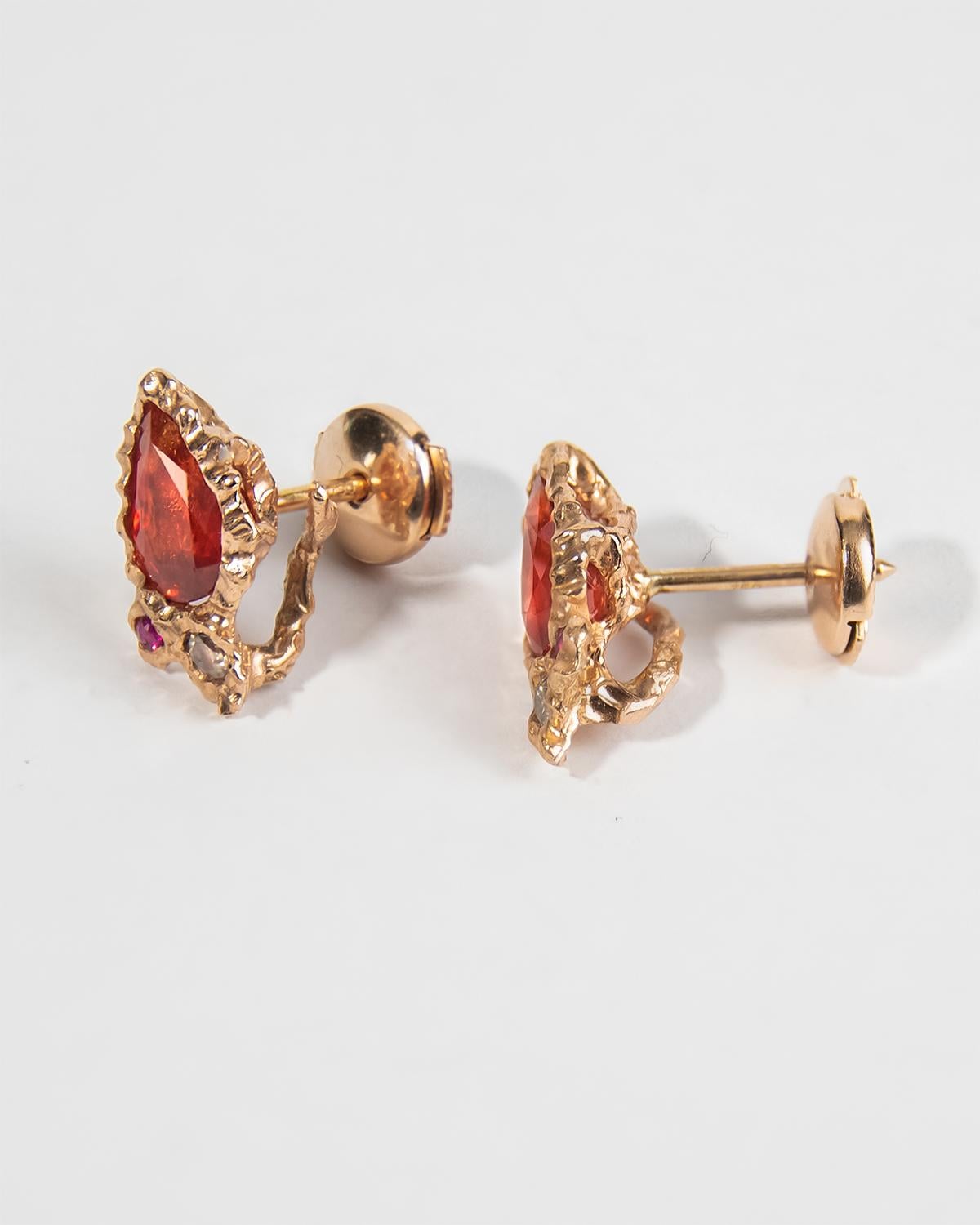 Cabochon Detachable 18K Rose Gold Turquoise Orange Sapphire Ruby and Diamond Earrings For Sale