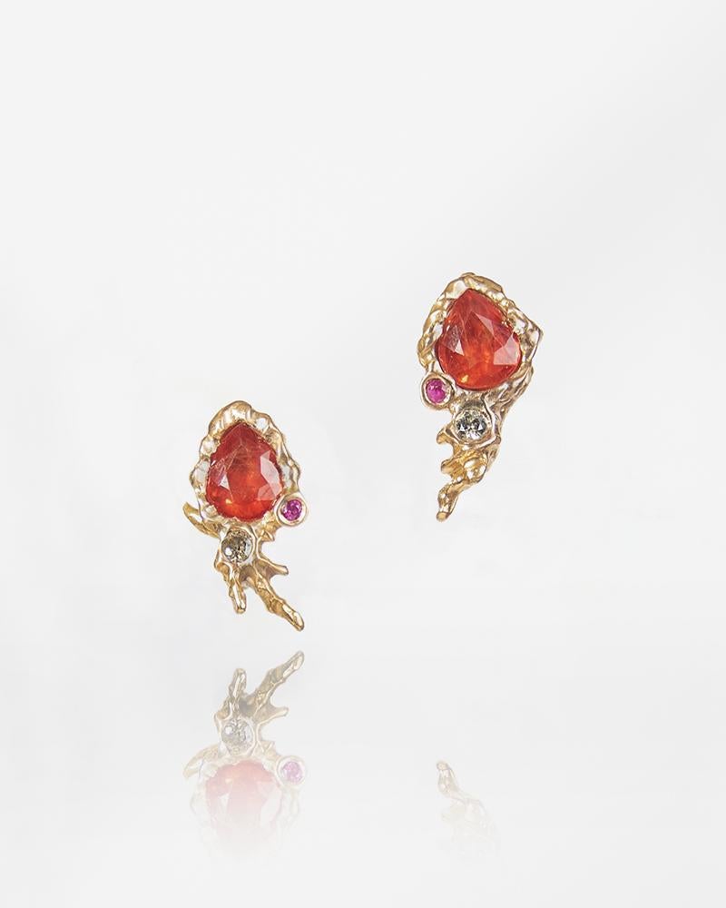 Contemporary Detachable 18K Rose Gold Turquoise Orange Sapphire Ruby and Diamond Earrings For Sale