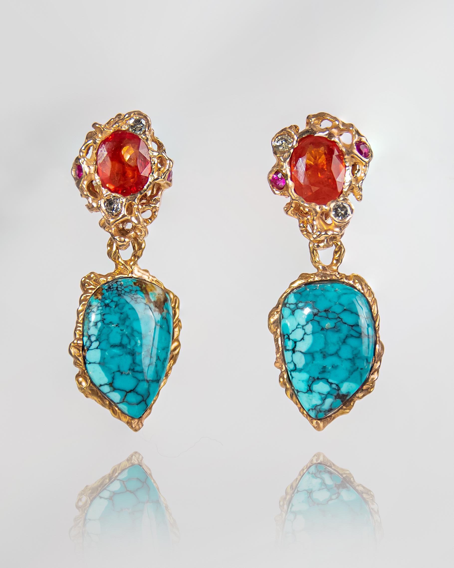 Abnehmbare Ohrringe aus 18 Karat Roségold mit Türkis, Orange, Saphir, Rubin und Diamant im Angebot 2