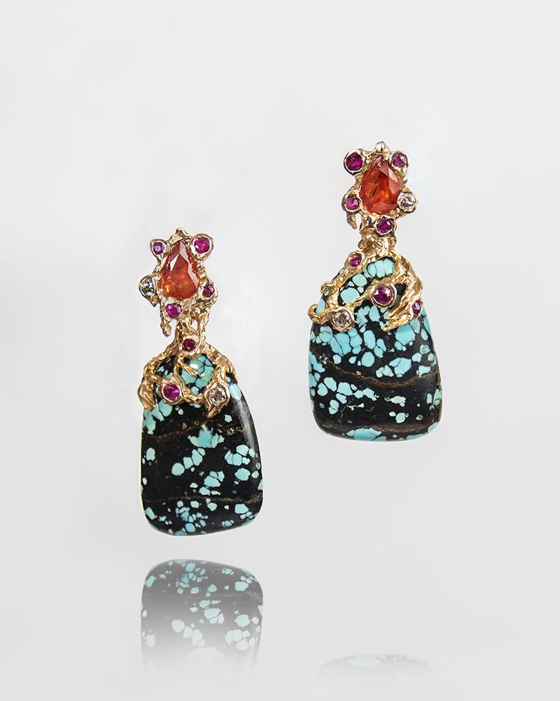 Women's or Men's Detachable 18K Rose Gold Turquoise Orange Sapphire Ruby and Diamond Earrings For Sale